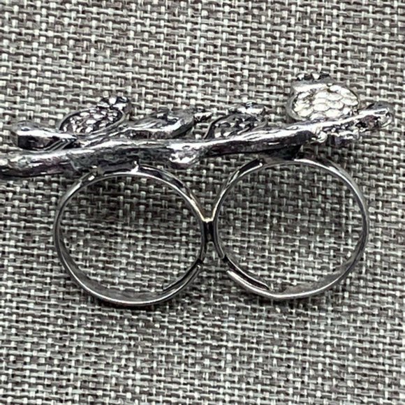 Perched Birds Double Ring Branch Silver Rhinestone Retro BoHo Soft Girl Cottage - Picture 6 of 10